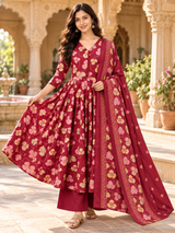 Gulraahi Maroon Floral Printed Anarkali Suit Set with Cotton Dupatta