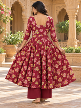 Gulraahi Maroon Floral Printed Anarkali Suit Set with Cotton Dupatta