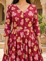 Gulraahi Maroon Floral Printed Anarkali Suit Set with Cotton Dupatta