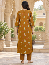 Kesariya Mustard Paisley Printed Straight Cotton Suit Set with Cotton Dupatta