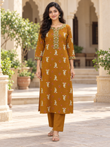 Kesariya Mustard Paisley Printed Straight Cotton Suit Set with Cotton Dupatta