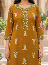 Kesariya Mustard Paisley Printed Straight Cotton Suit Set with Cotton Dupatta