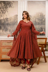 Rajvani Royale Maroon Printed Cotton Suit Set with Cotton Dupatta