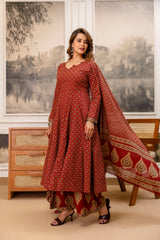 Rajvani Royale Maroon Printed Cotton Suit Set with Cotton Dupatta
