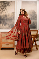 Rajvani Royale Maroon Printed Cotton Suit Set with Cotton Dupatta