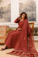 Rajvani Royale Maroon Printed Cotton Suit Set with Cotton Dupatta