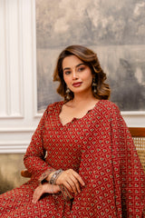 Rajvani Royale Maroon Printed Cotton Suit Set with Cotton Dupatta