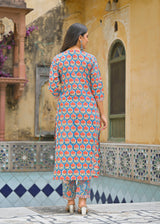Ruhaani Blue Handblock Printed Cotton Suit Set With Chanderi Dupatta