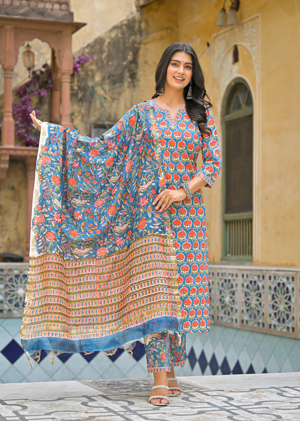 Ruhaani Blue Handblock Printed Cotton Suit Set With Chanderi Dupatta