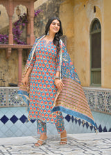 Ruhaani Blue Handblock Printed Cotton Suit Set With Chanderi Dupatta