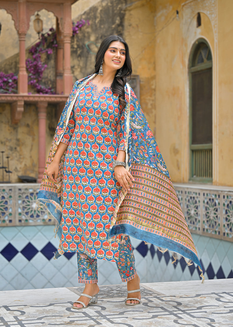 Ruhaani Blue Handblock Printed Cotton Suit Set With Chanderi Dupatta