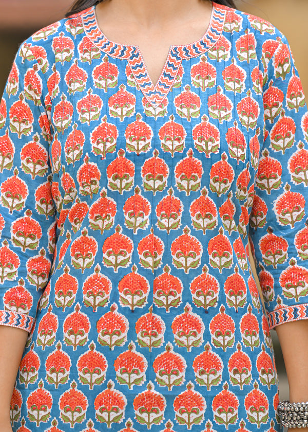 Ruhaani Blue Handblock Printed Cotton Suit Set With Chanderi Dupatta