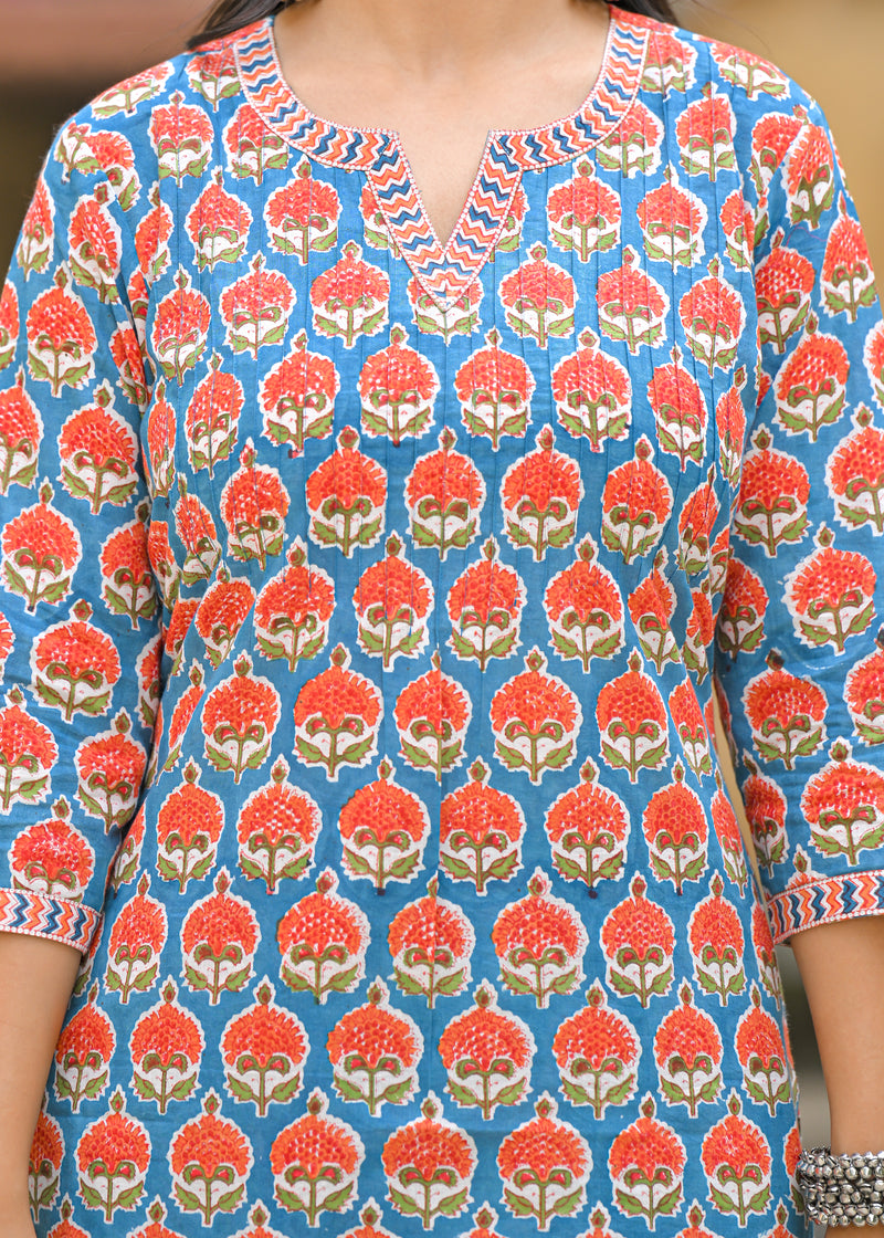 Ruhaani Blue Handblock Printed Cotton Suit Set With Chanderi Dupatta