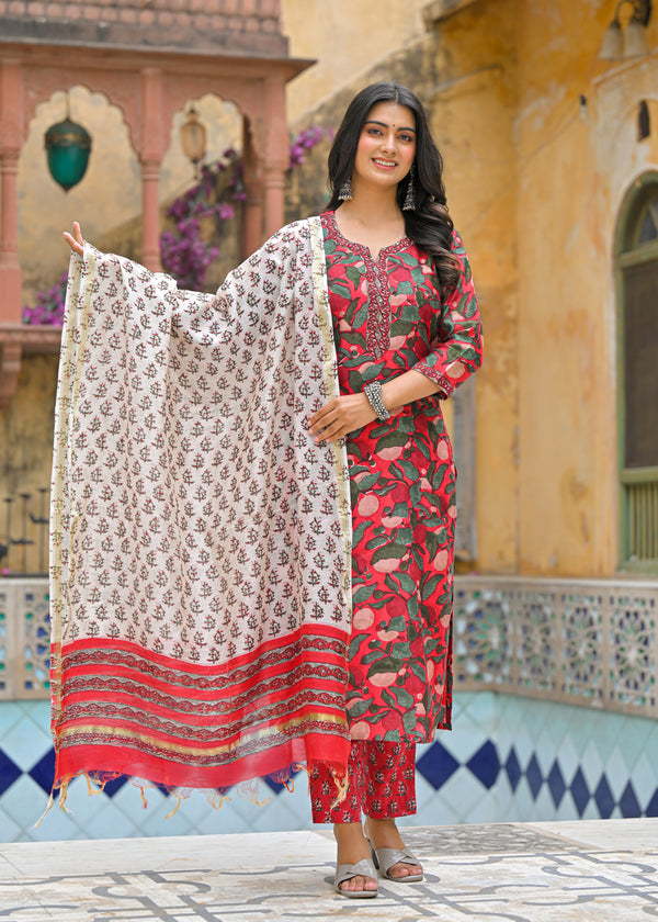 Meghna red handblock printed chanderi suit set with chanderi dupatta