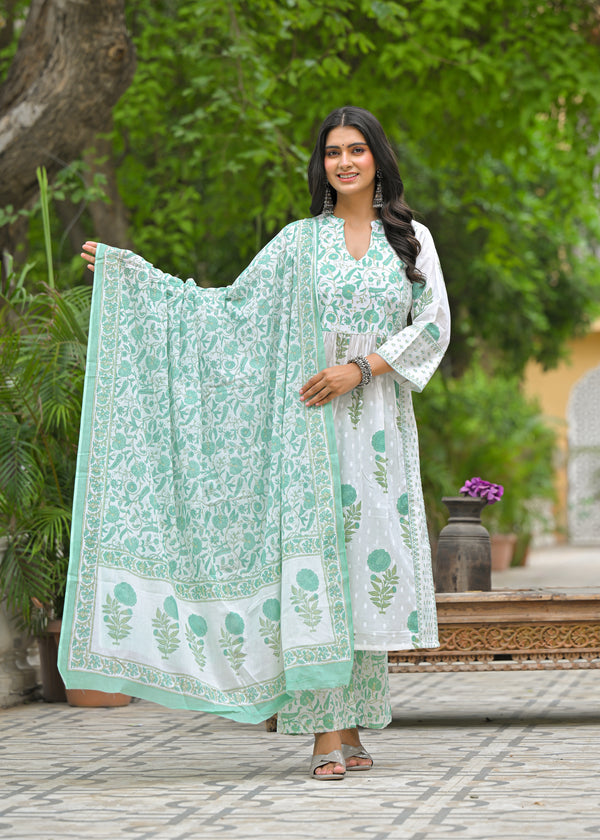 Flamingo green printed cotton suit set with cotton  dupatta