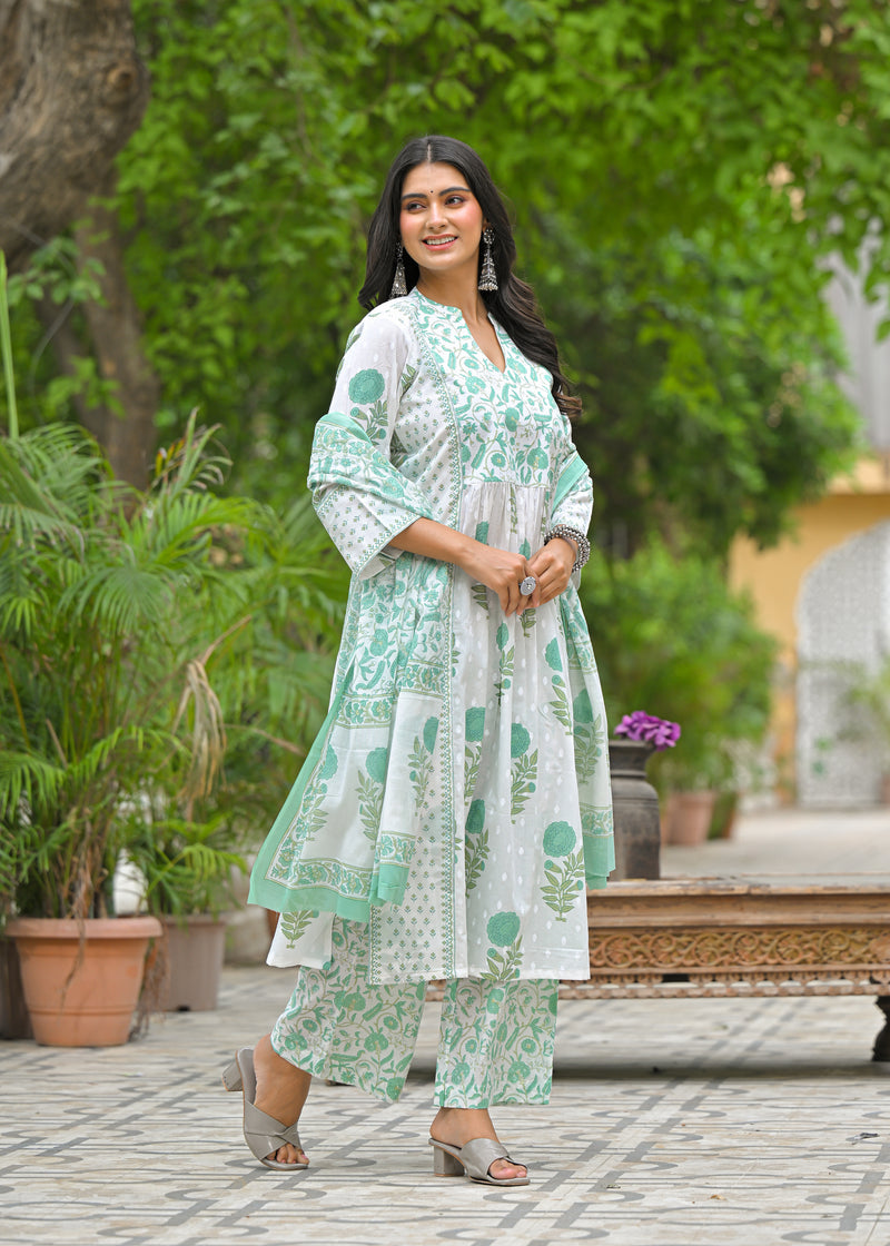 Flamingo green printed cotton suit set with cotton dupatta