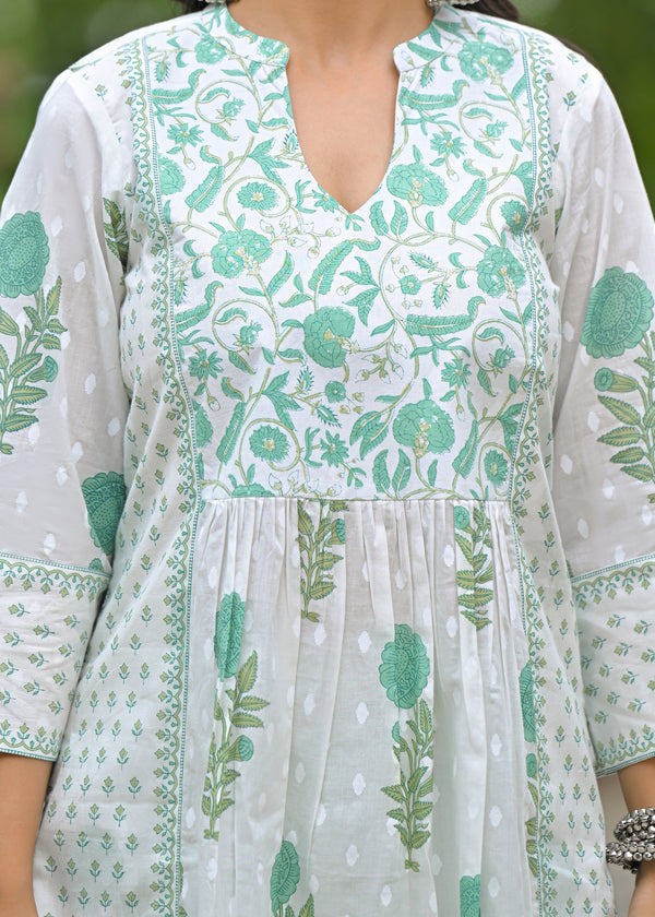 Flamingo green printed cotton suit set with cotton  dupatta