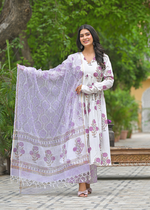 Martini purple handblock printed cotton suit set with kota doria dupatta