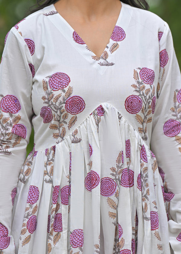 Martini purple handblock printed cotton suit set with kota doria dupatta