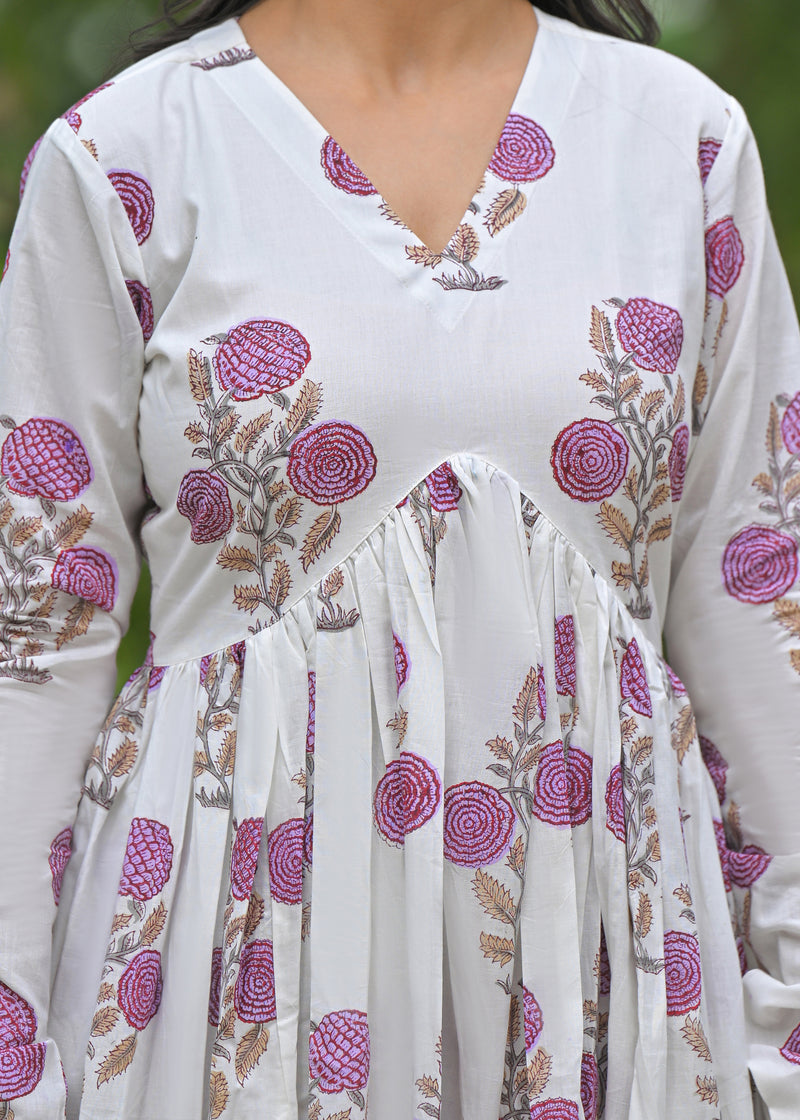 Martini purple handblock printed cotton suit set with kota doria dupatta