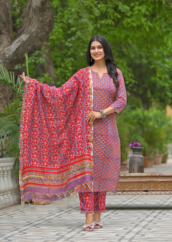 Khushi red handblock printed cotton suit set with chanderi dupatta