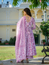 Aafreen Pink Heritage Motif Floral Anarkali Suit Set with Mul Cotton Dupatta