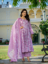 Aafreen Pink Heritage Motif Floral Anarkali Suit Set with Mul Cotton Dupatta