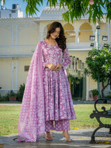 Aafreen Pink Heritage Motif Floral Anarkali Suit Set with Mul Cotton Dupatta