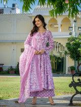 Aafreen Pink Heritage Motif Floral Anarkali Suit Set with Mul Cotton Dupatta