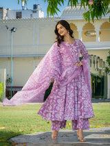 Aafreen Pink Heritage Motif Floral Anarkali Suit Set with Mul Cotton Dupatta