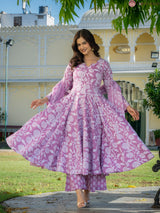 Aafreen Pink Heritage Motif Floral Anarkali Suit Set with Mul Cotton Dupatta