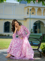Aafreen Pink Heritage Motif Floral Anarkali Suit Set with Mul Cotton Dupatta