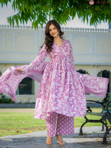 Zoya Pink Heritage Motif Cotton Suit Set with Cotton Dupatta