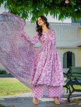 Zoya Pink Heritage Motif Cotton Suit Set with Cotton Dupatta