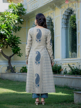 Zarmina Beige Blue Heritage Paisley Elegant Kurta and Pant Only