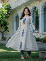 Zarmina Beige Blue Heritage Paisley Elegant Kurta and Pant Only