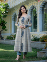 Zarmina Beige Blue Heritage Paisley Elegant Kurta and Pant Only