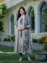 Zarmina Beige Blue Heritage Paisley Elegant Suit Set with Chiffon Dupatta