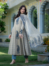 Zarmina Beige Blue Heritage Paisley Elegant Suit Set with Chiffon Dupatta