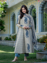 Zarmina Beige Blue Heritage Paisley Elegant Suit Set with Chiffon Dupatta