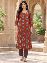 Reva Rust Red Medallion Printed Straight Cotton Suit Set with Cotton Dupatta