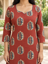 Reva Rust Red Medallion Printed Straight Cotton Suit Set with Cotton Dupatta