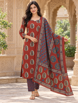 Reva Rust Red Medallion Printed Straight Cotton Suit Set with Cotton Dupatta