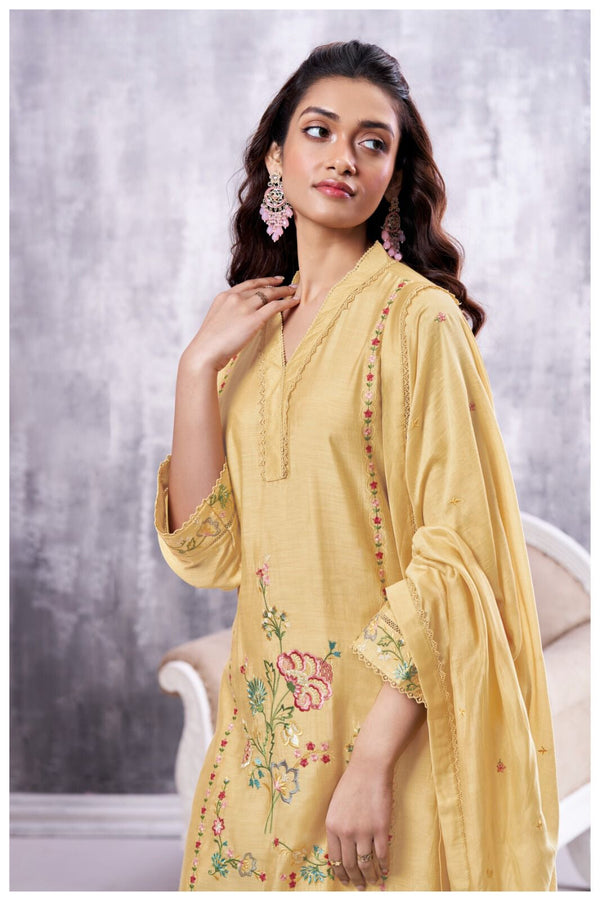 Sakhi Gold Silk Suit Set with Embroidered Floral Detailing