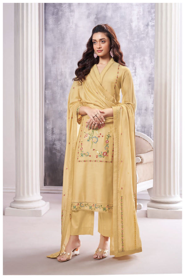 Sakhi Gold Silk Suit Set with Embroidered Floral Detailing