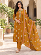 Kesariya Mustard Paisley Printed Straight Cotton Suit Set with Cotton Dupatta