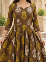 Vanika Mocha Brown Leaf  Printed Anarkali Suit Set with Cotton Dupatta