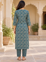 Neelvana Teal Blue Botanical Printed Straight Cotton Suit Set with Cotton Dupatta