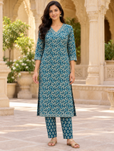 Neelvana Teal Blue Botanical Printed Straight Cotton Suit Set with Cotton Dupatta