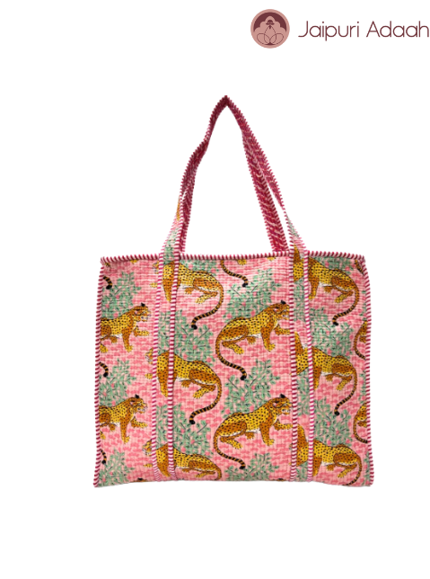 Forest light pink large quilted tote bag